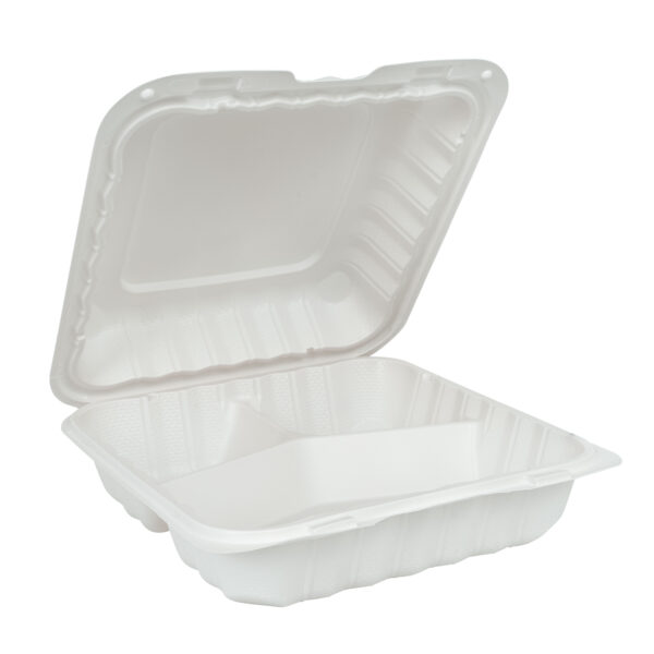 Open white plastic takeout container.