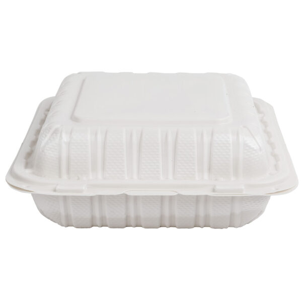 White plastic 8" takeout container.