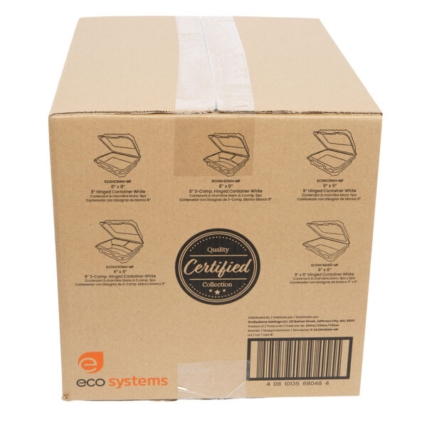 Case of white plastic 6" takeout containers.
