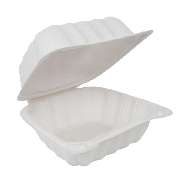 Opened white plastic 6" takeout container.