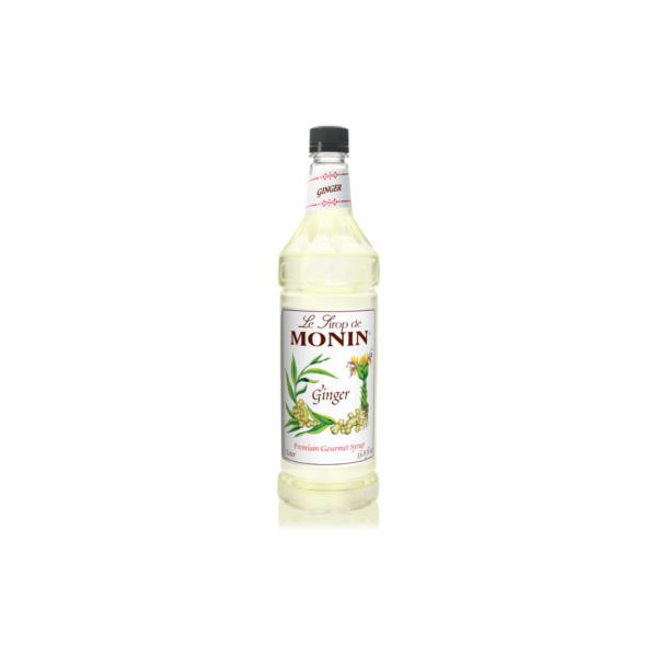 Plastic bottle with clear liquid and ginger on the label