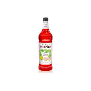 Plastic bottle with bright pink liquid and guavas on the label