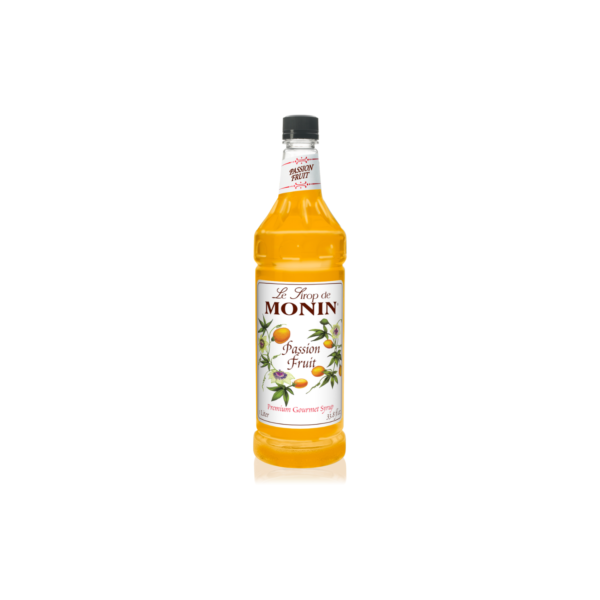 Plastic bottle with light orange liquid and passion fruit on the label