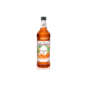 Plastic bottle with orange liquid and pumpkin pie on the label