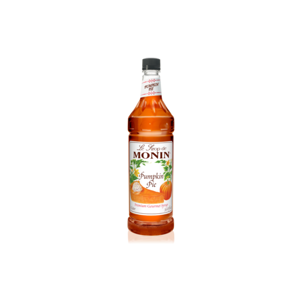 Plastic bottle with orange liquid and pumpkin pie on the label