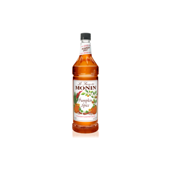Plastic bottle with orange liquid and pumpkins on the label