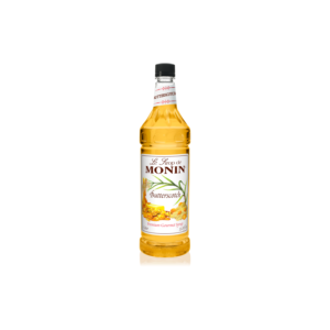 Plastic bottle with yellow liquid and butterscotch on the label