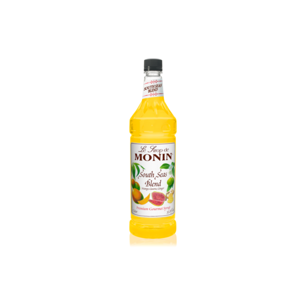 Plastic bottle with yellow liquid and tropical fruit on the label