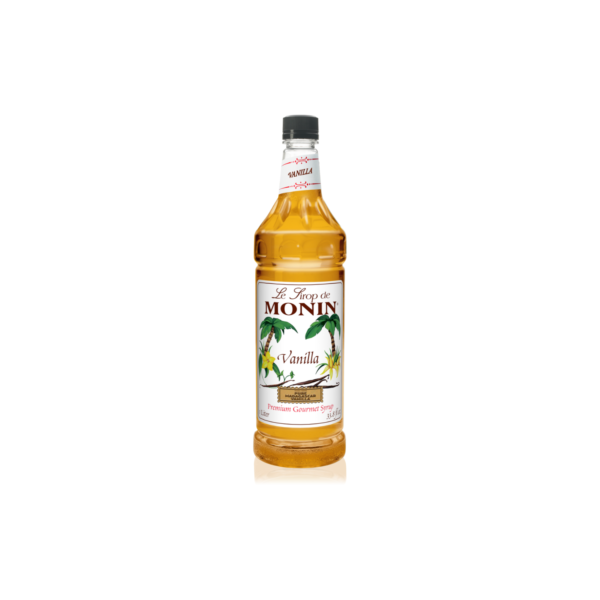 Plastic bottle with tan liquid with vanilla beans on the label
