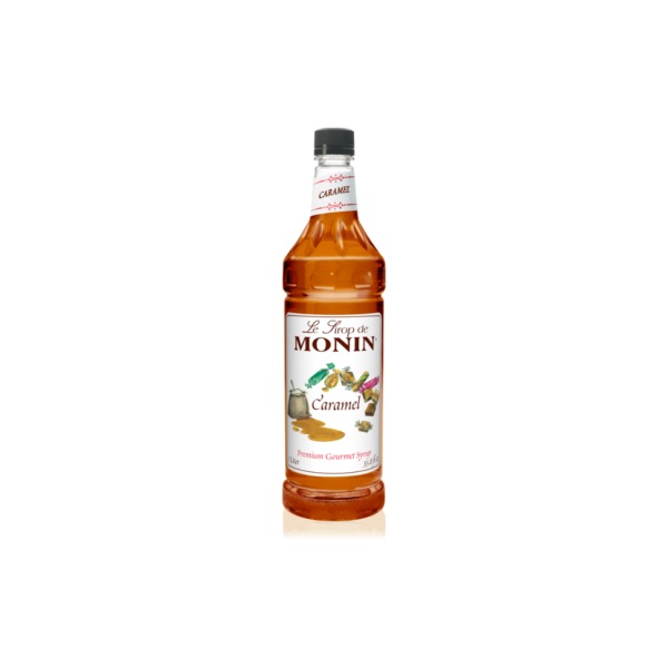 Plastic bottle with brown liquid and caramels on the label