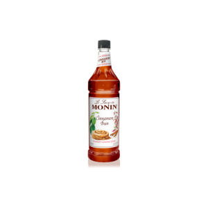 Plastic bottle with brown liquid with a cinnamon bun on the label
