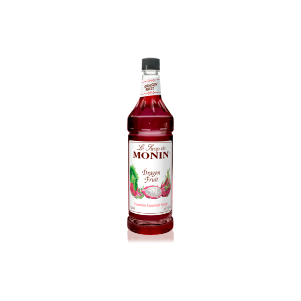 Plastic bottle with purple liquid and dragon fruit on the label
