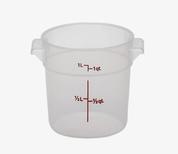 1 quart round translucent food storage container.