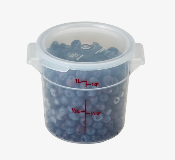 1 quart round translucent food storage container holding blue berries.