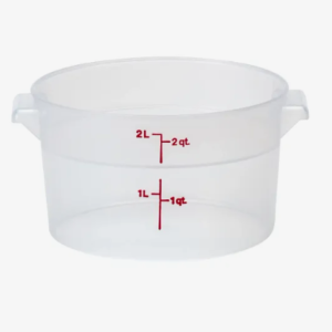 2 quart round translucent food storage container.