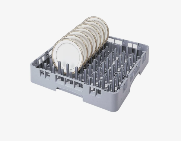 white plates set in gray dish rack