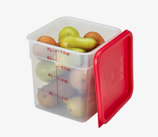 Food storage container containing pears with red lid