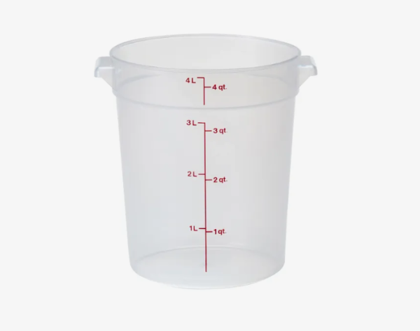 4 quart round translucent food storage container.