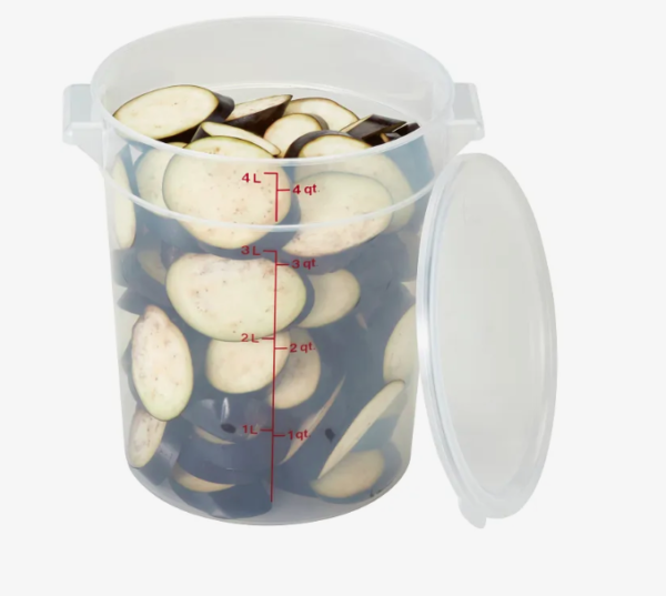4 quart round translucent food storage container holding eggplant.