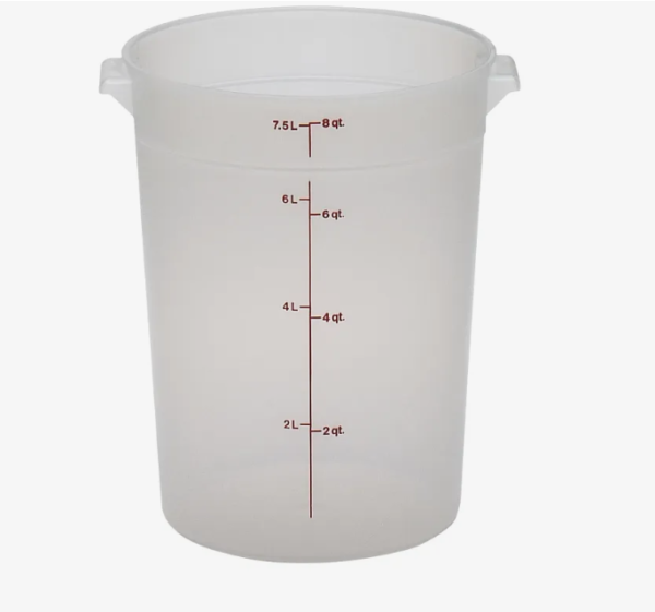 8 quart round translucent food storage container.