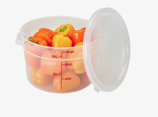 12 quart round translucent food storage container holding peppers.