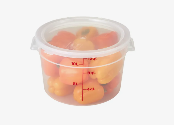 12 quart round translucent food storage container holding peppers.