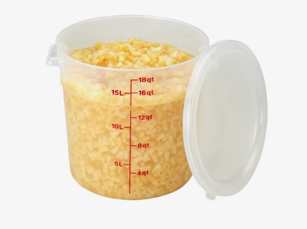18 quart round translucent food storage container holding pineapple.