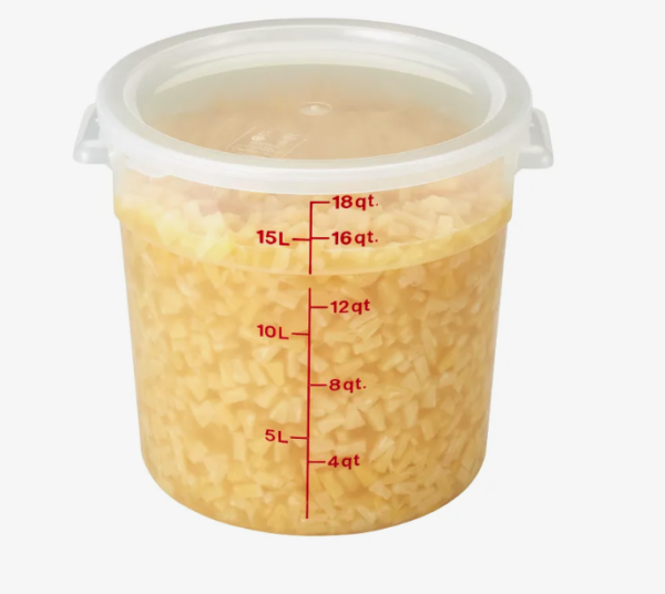 18 quart round translucent food storage container holding pineapple.