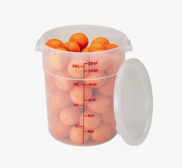 22 quart round translucent food storage container holding oranges