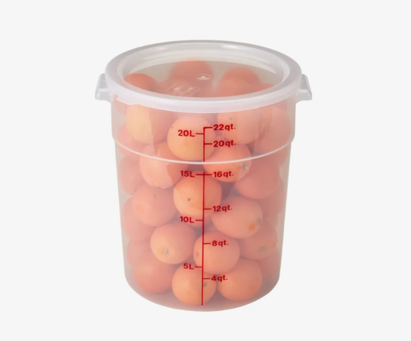 22 quart round translucent food storage container holding oranges