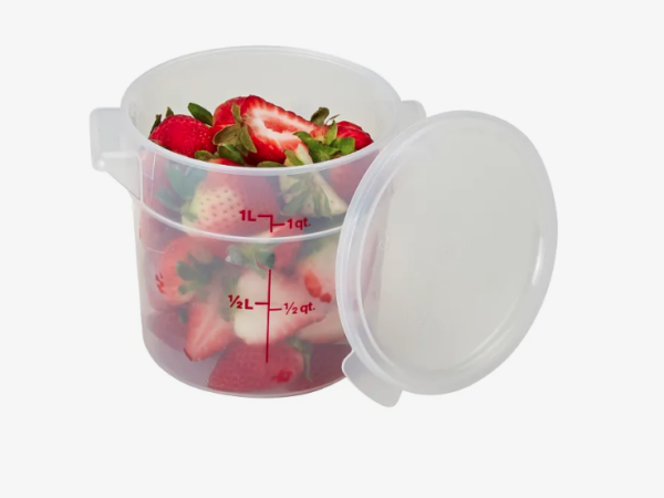 1 quart round translucent food storage container holding strawberries