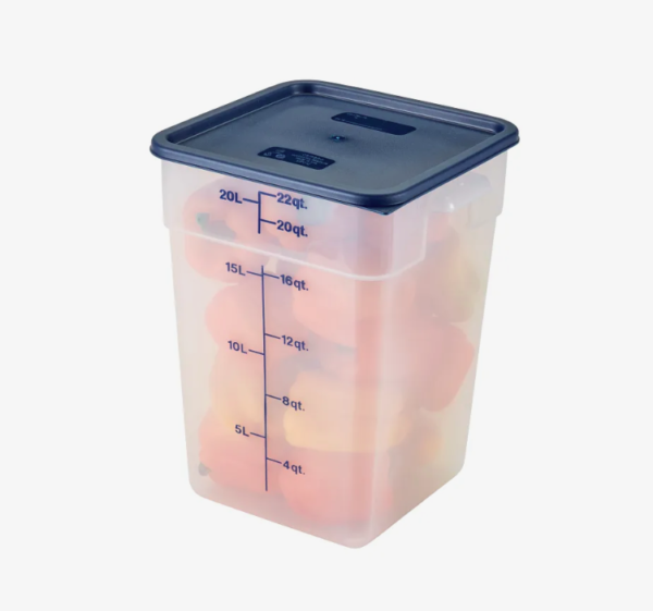 Food storage container with blue lid