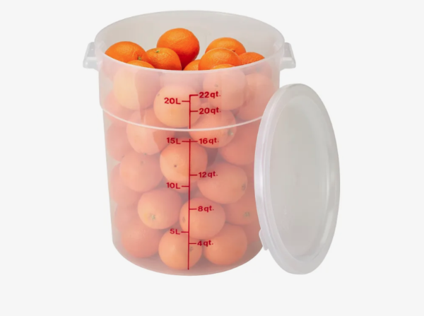 22 quart round food storage container holding oranges