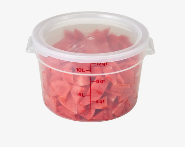 12 quart round food storage container holding diced tomatoes