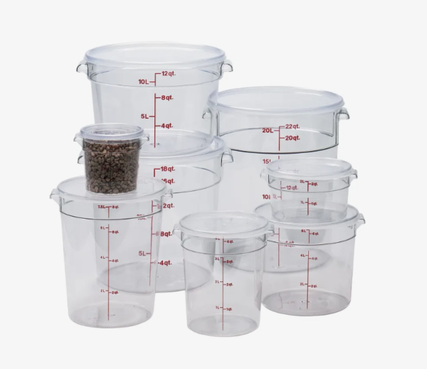 Clear round food storage containers with clear lids stacked together