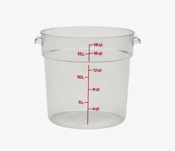 clear round 18 quart food storage container.