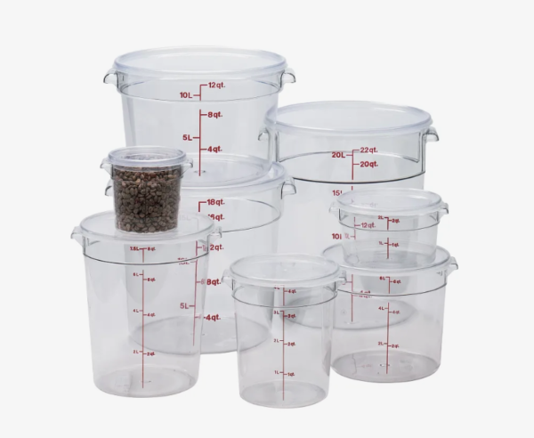 Clear round cambro food storage containers stacked together.