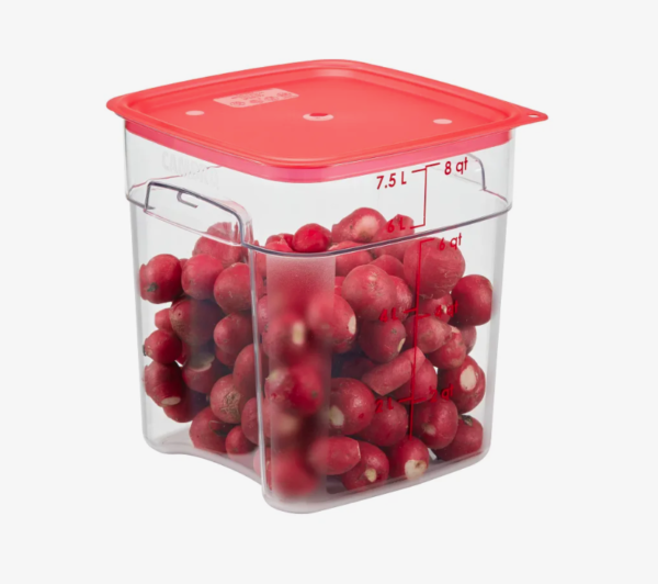 Food storage container containing radishes with red lid