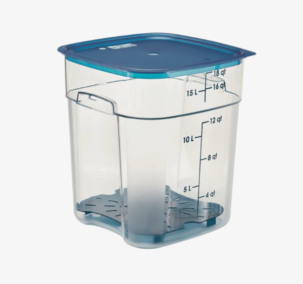Food storage container with blue lid