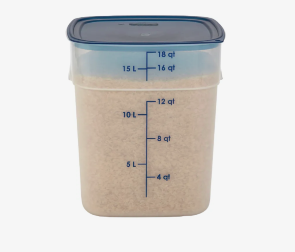Food storage container with rice and blue lid