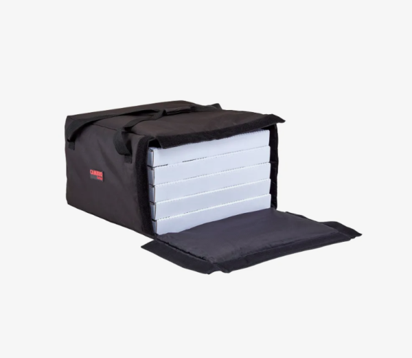 Black pizza bag with 5 pizzas