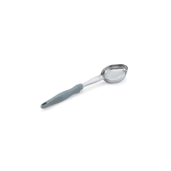 Stainless steel spoodle with grey handle.