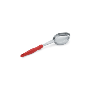 Stainless steel spoodle with red handle.