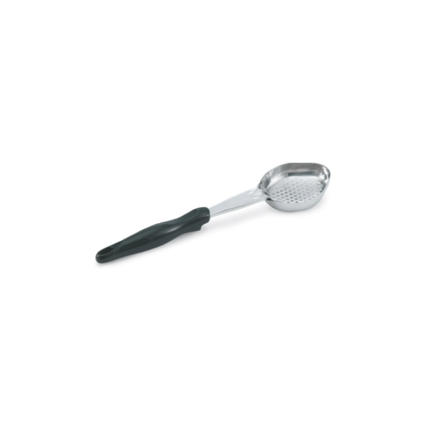 Stainless steel perforated spoodle with black handle.