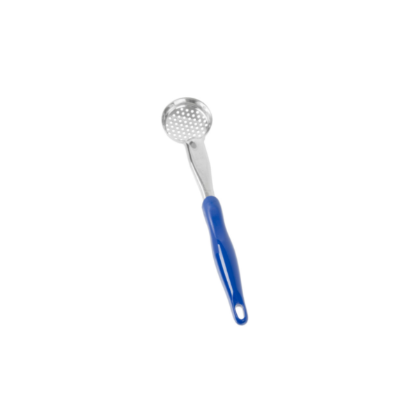 Stainless steel spoodle with blue handle.