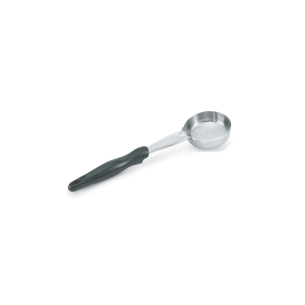 Stainless steel spoodle with black handle.