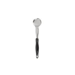 Stainless steel spoodle with black handle.