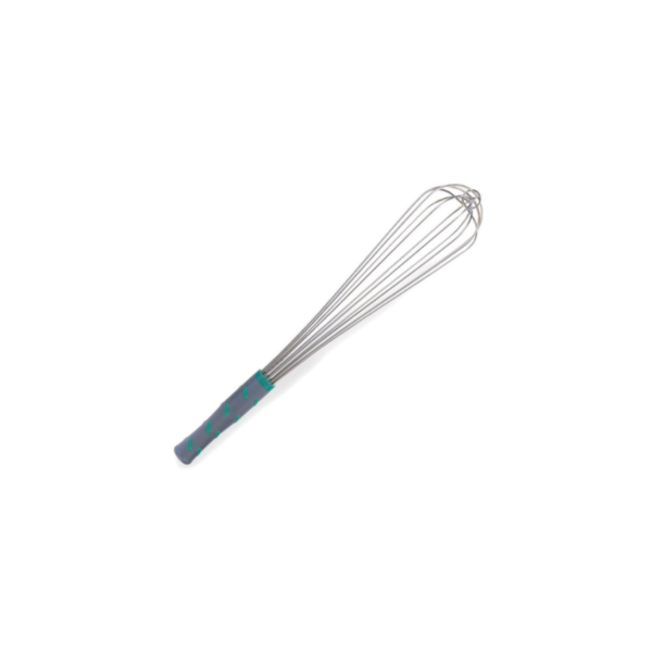 Stainless Steel Whip with grey heat resistant handle with green stripes.
