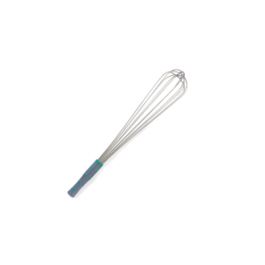Stainless Steel Whip with grey heat resistant handle with green stripes.