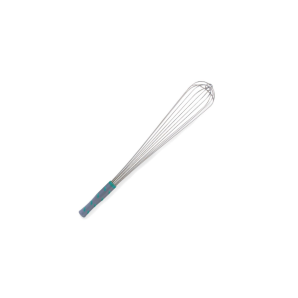 Stainless Steel Whip with grey heat resistant handle with green stripes.